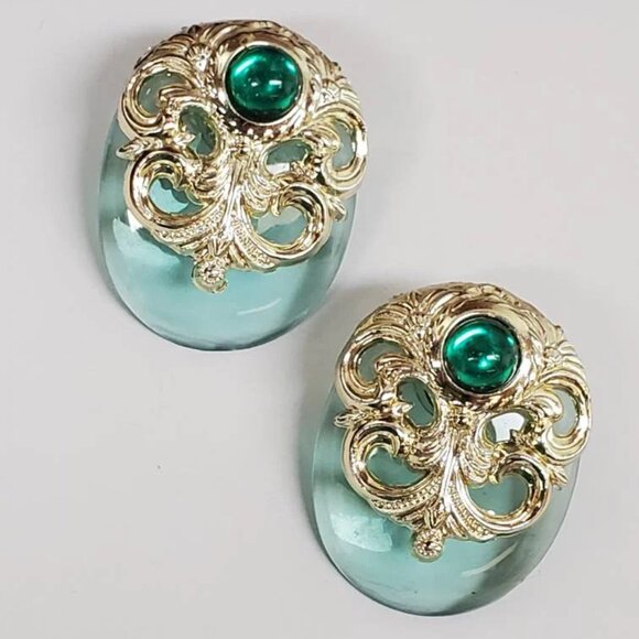 Etruscan Motif Acrylic and Gold-tone Earrings Large Statement - Picture 5 of 10